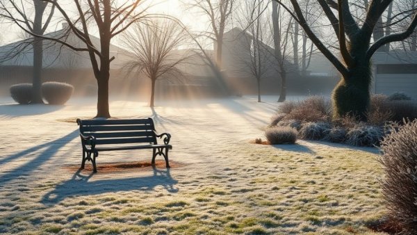 Frosty winter garden with a bench and lawn, highlighting whether to water lawns in winter.