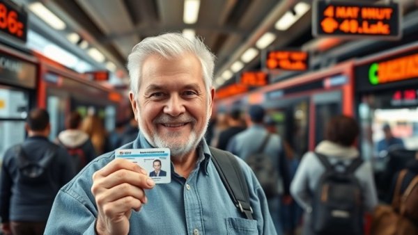 Senior man presenting Senior Citizen Card 2025 at bus station.