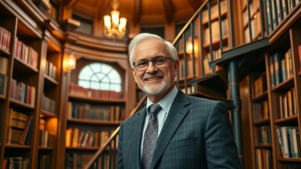 Understanding capitalism for retirees: smiling man in a library.