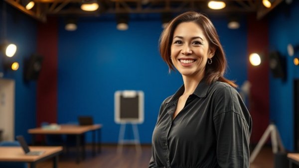 Woman on stage with blue background, linked to acts of kindness musical Wonder.