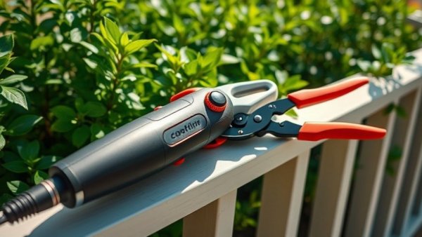 Pruning tools on railing in garden setting, sunlight illuminating.