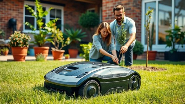Robotic lawn mower trimming grass as a couple plants; lush garden backdrop.