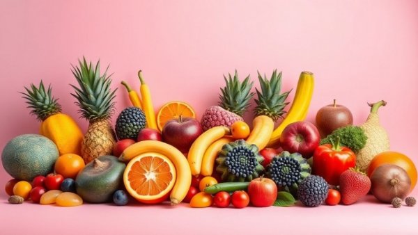 Vibrant arrangement of fresh fruits and vegetables, colorful background.