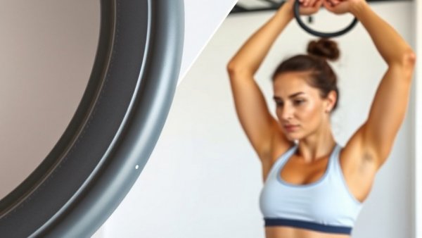 Grey Pilates ring and woman exercising with ring.