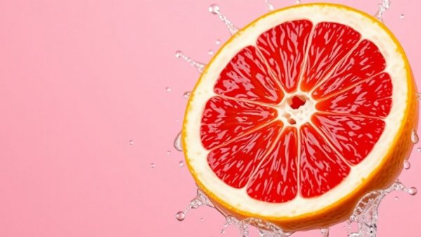 Juicy grapefruit half with water splash, macro shot.