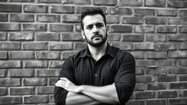 Portrait of a thoughtful man in black and white, reflecting.