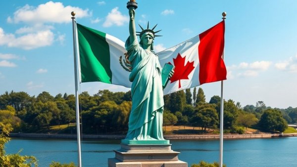 Statue of Liberty with Canadian and Mexican flags symbolizing travel.