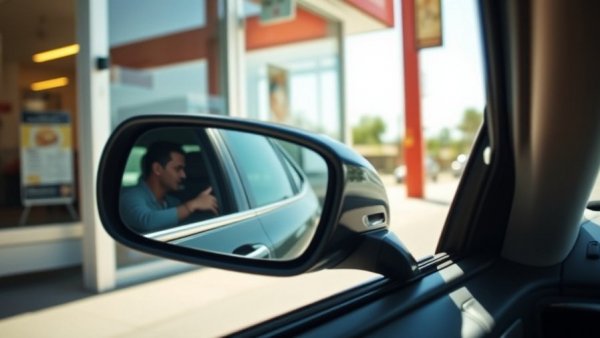 Drive-through window interaction reflecting on a car side mirror.
