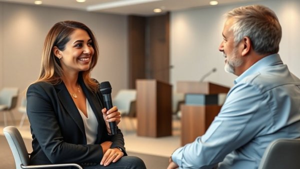 A woman interviews a man about the Michigan Regenerative Agriculture Program in a conference setting.
