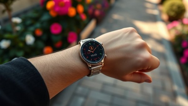 Medición de presión arterial sin brazalete, smartwatch on wrist.