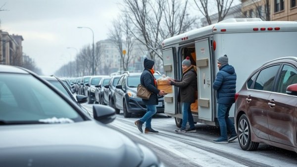 Winter scene of senior holiday meal drive with vehicles and mobile unit.
