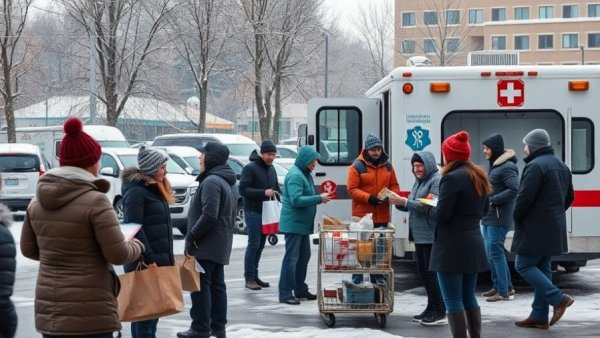 Senior Holiday Meal drive with mobile unit in snowy urban setting