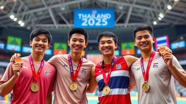 Karate SEA Games 2025 medalists celebrate at Thailand event.