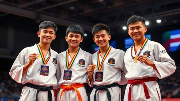 Athletes with medals at Thailand SEA Games Karate event, celebrating achievement.