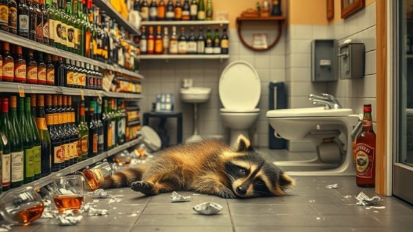 Drunk raccoon Virginia karate gym; bottles scattered in liquor store, raccoon resting in restroom.