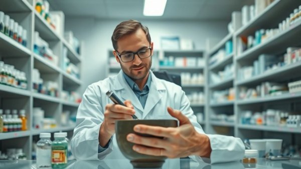 Pharmacist ensuring compounding safety in healthcare with mortar and pestle.