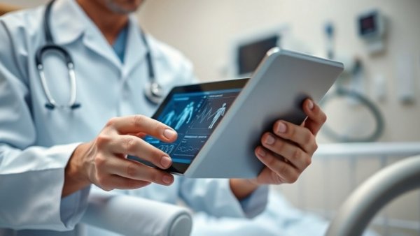 Healthcare professional using digital tablet with medical data in Muskegon.