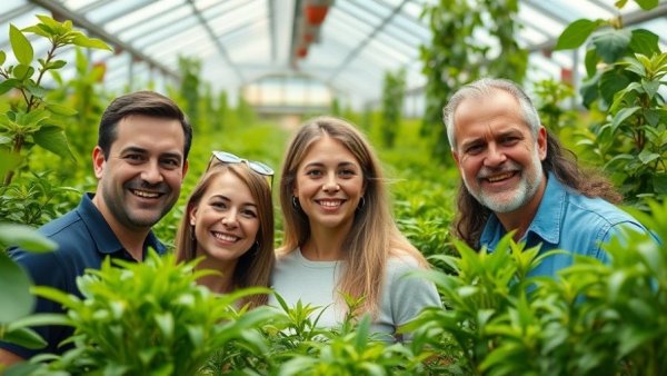 Smiling group in greenhouse discussing infrared signals in plant communication