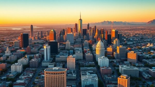 Los Angeles skyline at sunset with clear skies.