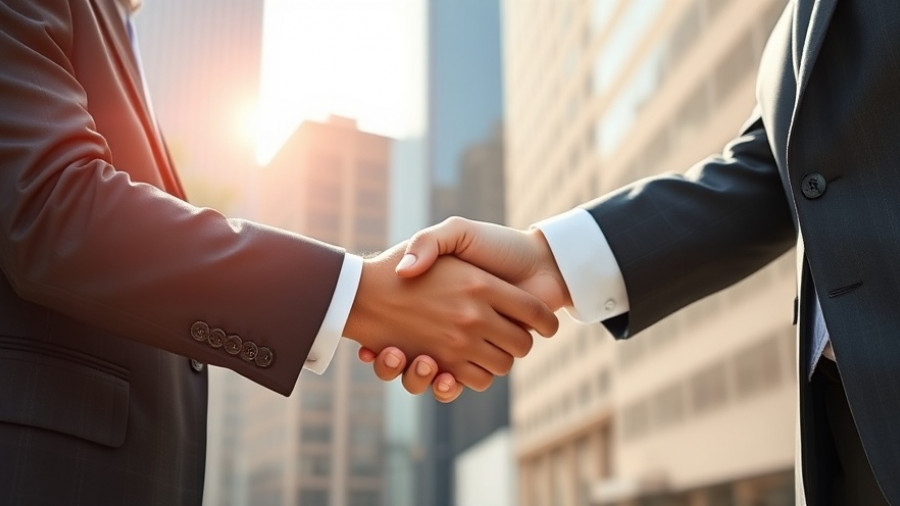 Business professionals handshake in urban setting, symbolizing federal contracting success.