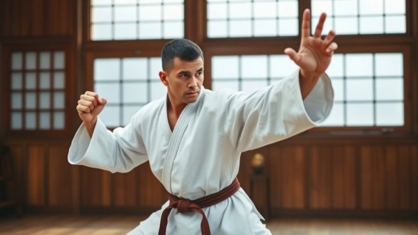 Karate training during winter in a wooden dojo with frosted windows.