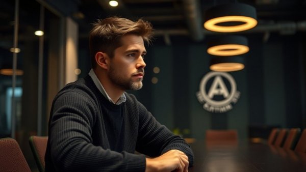 Young man in meeting room contemplating AI job acceptance rate.