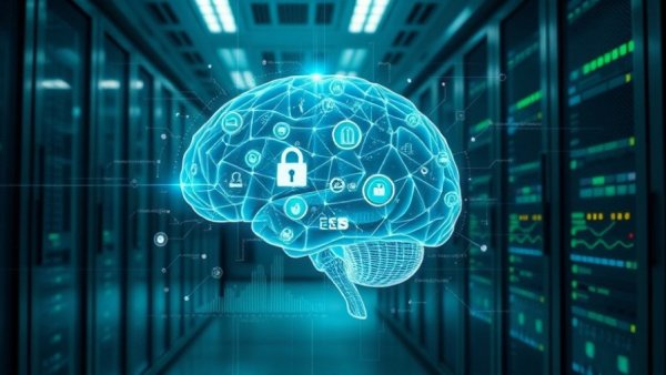 Futuristic AI brain interface in server room, AI enablement plans 2025.