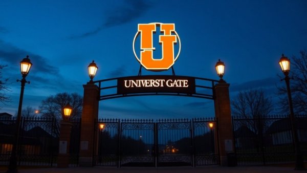 University stadium at dusk with logo, fencing, and lamps.