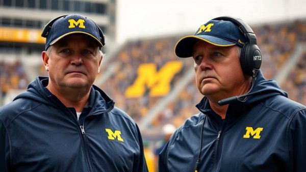 Michigan athletic department coaches on rainy field, focused expression.