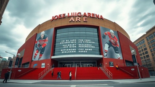 Joe Louis Arena history: Entrance with red stairs and hockey murals.