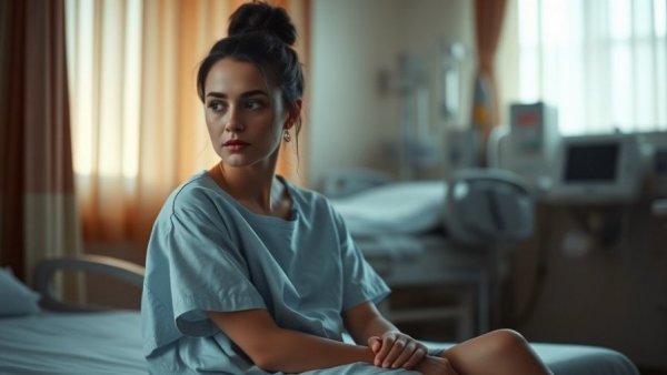 Introspective young woman in hospital gown reflecting in Michigan.