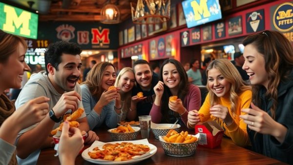 Diverse group enjoying food at Ann Arbor sports venue.