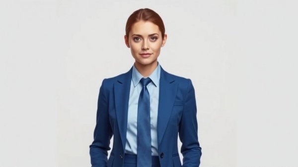 Woman in blue blazer exhibiting elegance, associated with beauty supply chain Africa.
