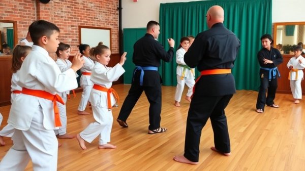 Children practicing karate in dojo with instructors, active scene.