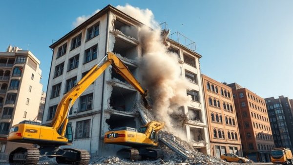 Urban renewal benefits for seniors highlighted by building demolition.
