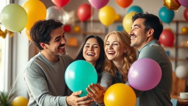 Happy family celebrating with festive balloons.