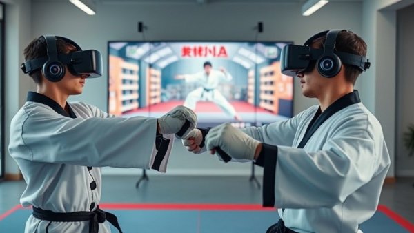 Two people practicing VR taekwondo in a modern virtual setup.