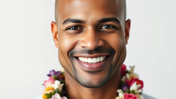 Smiling bald man portrait with floral necklace, 'Profit Push' text.