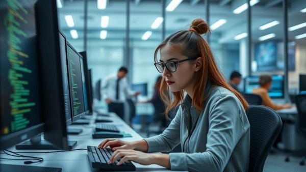 AI hiring entry-level jobs: Woman coding at office with colleagues.