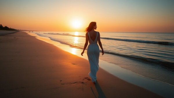 Serene beach sunset with a woman walking by the water.