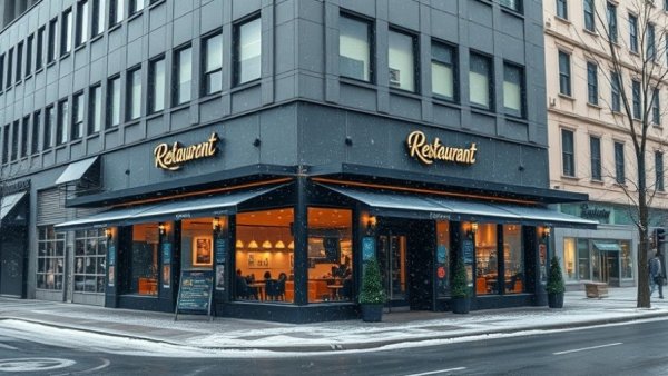 Modern restaurant exterior in Lansing with snowflakes falling.