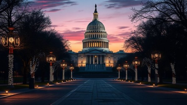 Real ID compliance for travelers: Capitol building at dusk with festive lights.