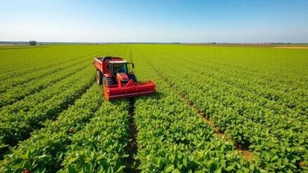 Tractor harvesting red fruits on Michigan farm, showcasing agriculture initiatives.