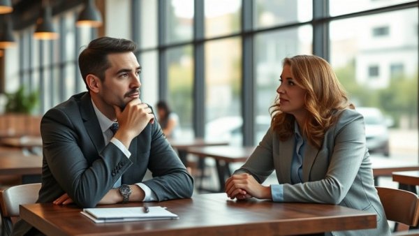 Two people discussing small business hiring challenges in a cafe.