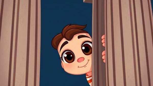 Cartoon eyes peeking through columns, playful illustration.