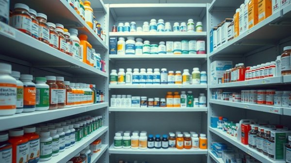 Pharmacy shelf with medication indicating health insurance satisfaction