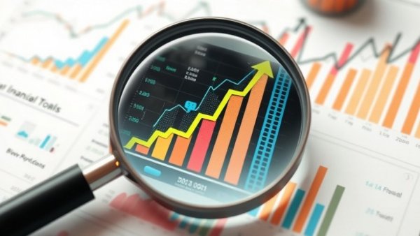 Financial analysis with graphs and magnifying glass.