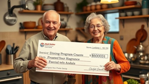 Senior dining program grant presentation in Worthington kitchen.