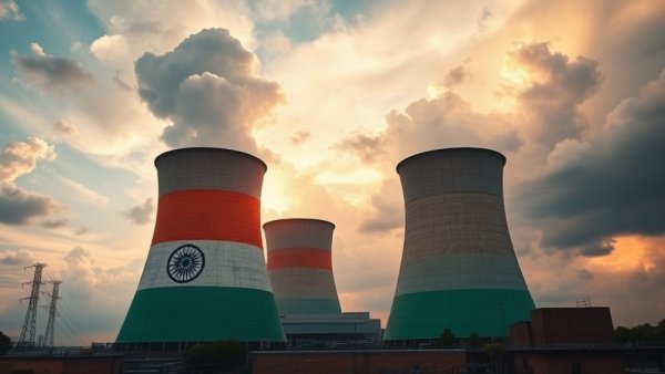 Indian flag overlay on industrial scene with dramatic sky