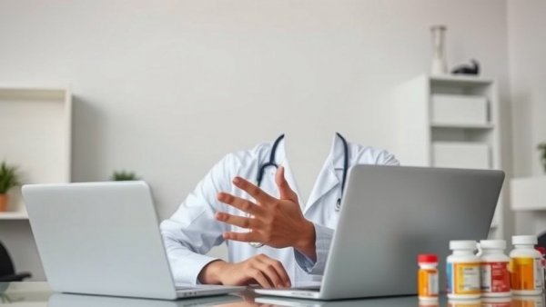 Telemedicine consultation with doctor and medicine bottles in New Hampshire.